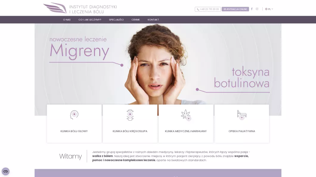 Zrzut ekranu strony Leczenie bólu głowy | Instytut Diagnostyki i Leczenia Bólu